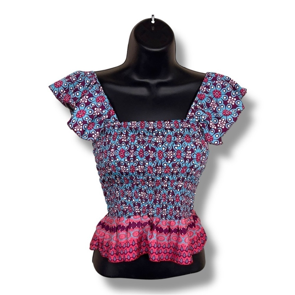 Small India Boutique Peplum Crop Top Boho Ruffle Sleeves Pink Blue Floral